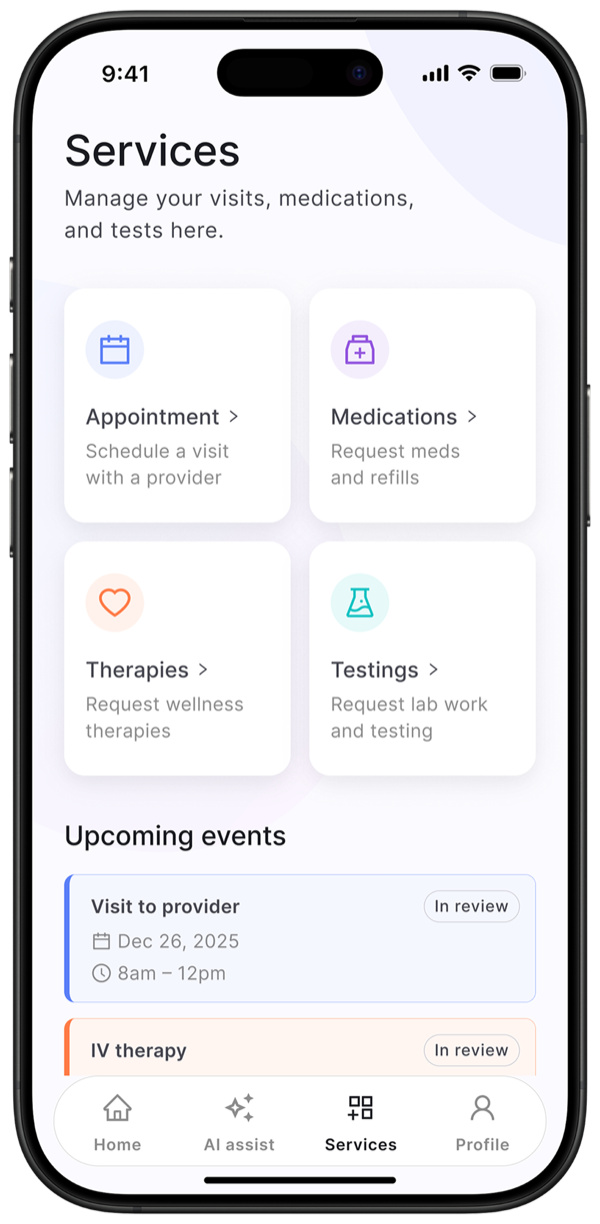 BioEQ mobile app — Services screen showing Appointments, Medications, Therapies and Testing